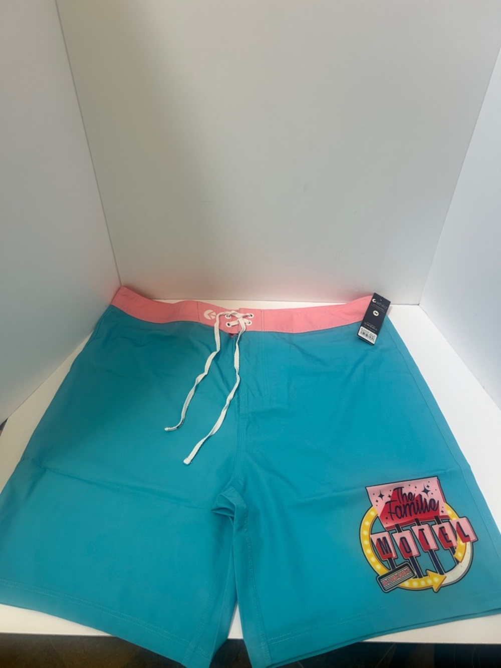 Ethika Turquoise Swim Shorts with Pink & Yellow Motel Graphic